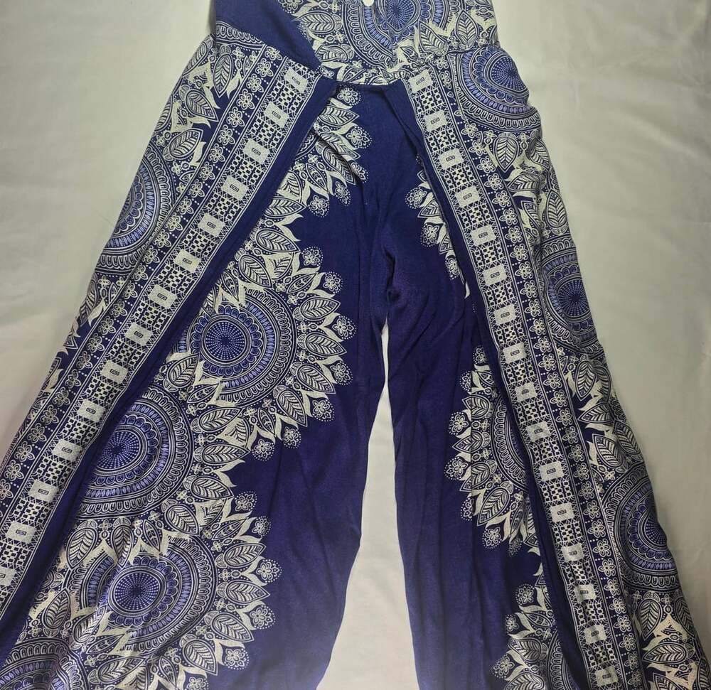 Blue and White Mandala Print Side Slit Palazzo Yoga Pants